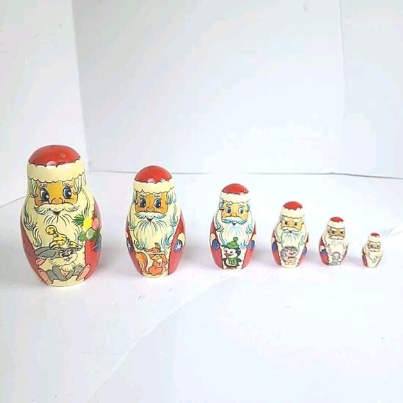 MCM 6 Piece Russian Wooden Nesting Dolls Hand Painted Santa w Cartoon Animal